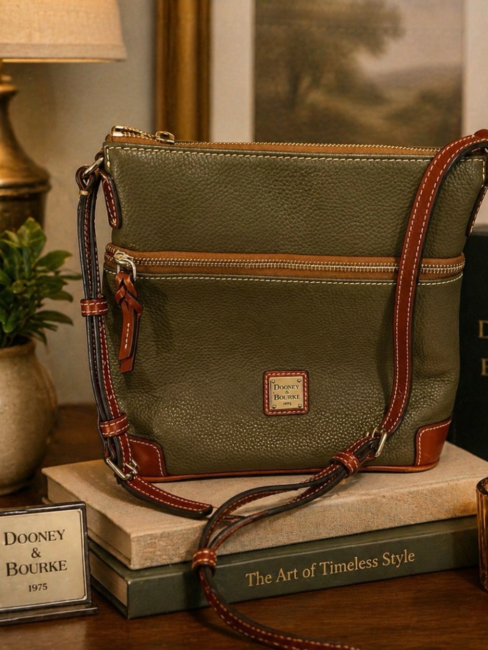 Dooney & Bourke Olive Green Pebble Leather Crossbody with Brown Trim